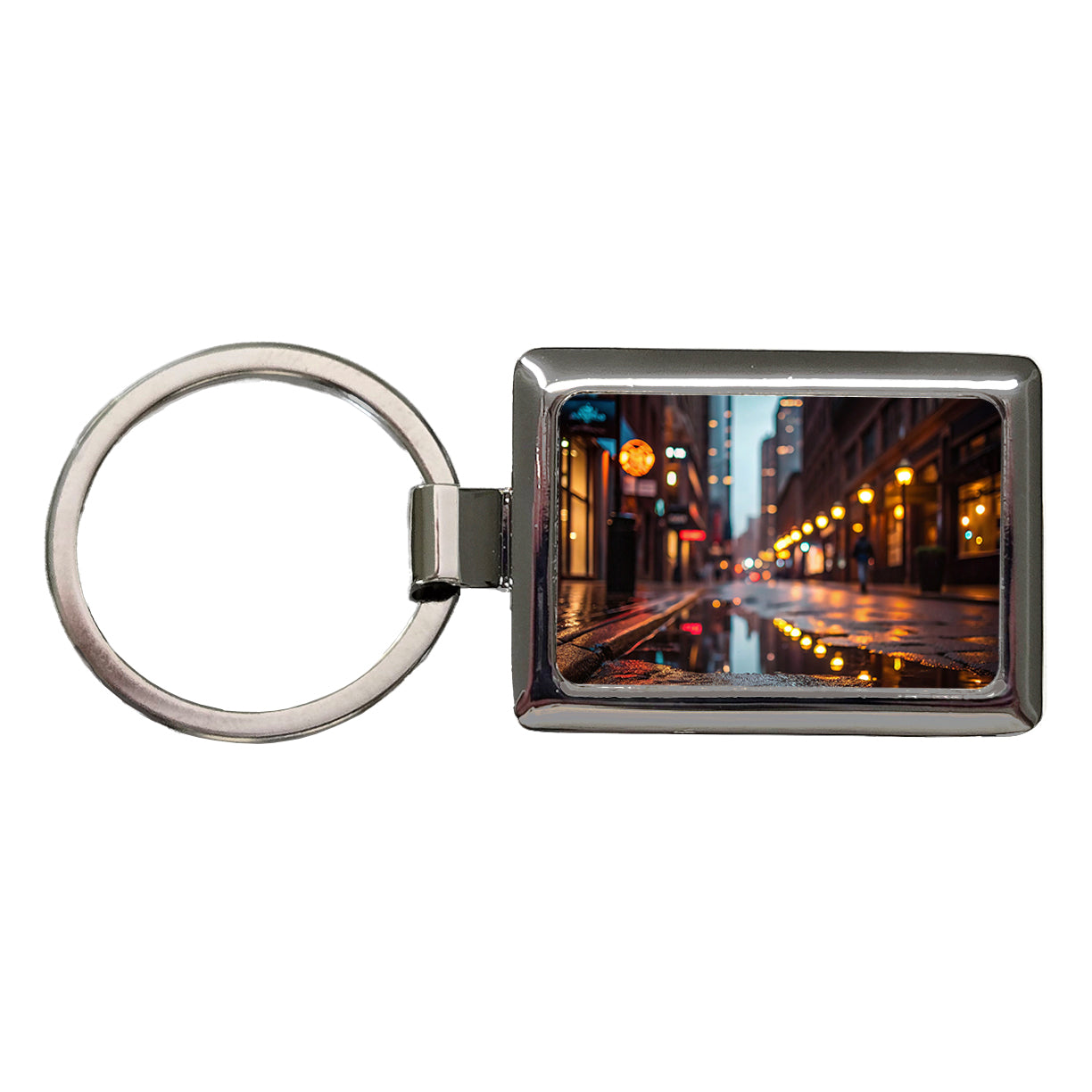 Blurred Lights Buildings City Rainy Street Rectangle Metal Keychain