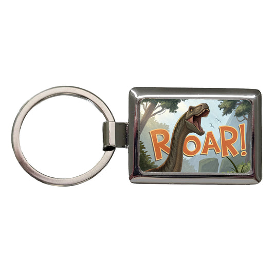 Brachiosaurus Roar Bold Text Dinosaur Rectangle Metal Keychain