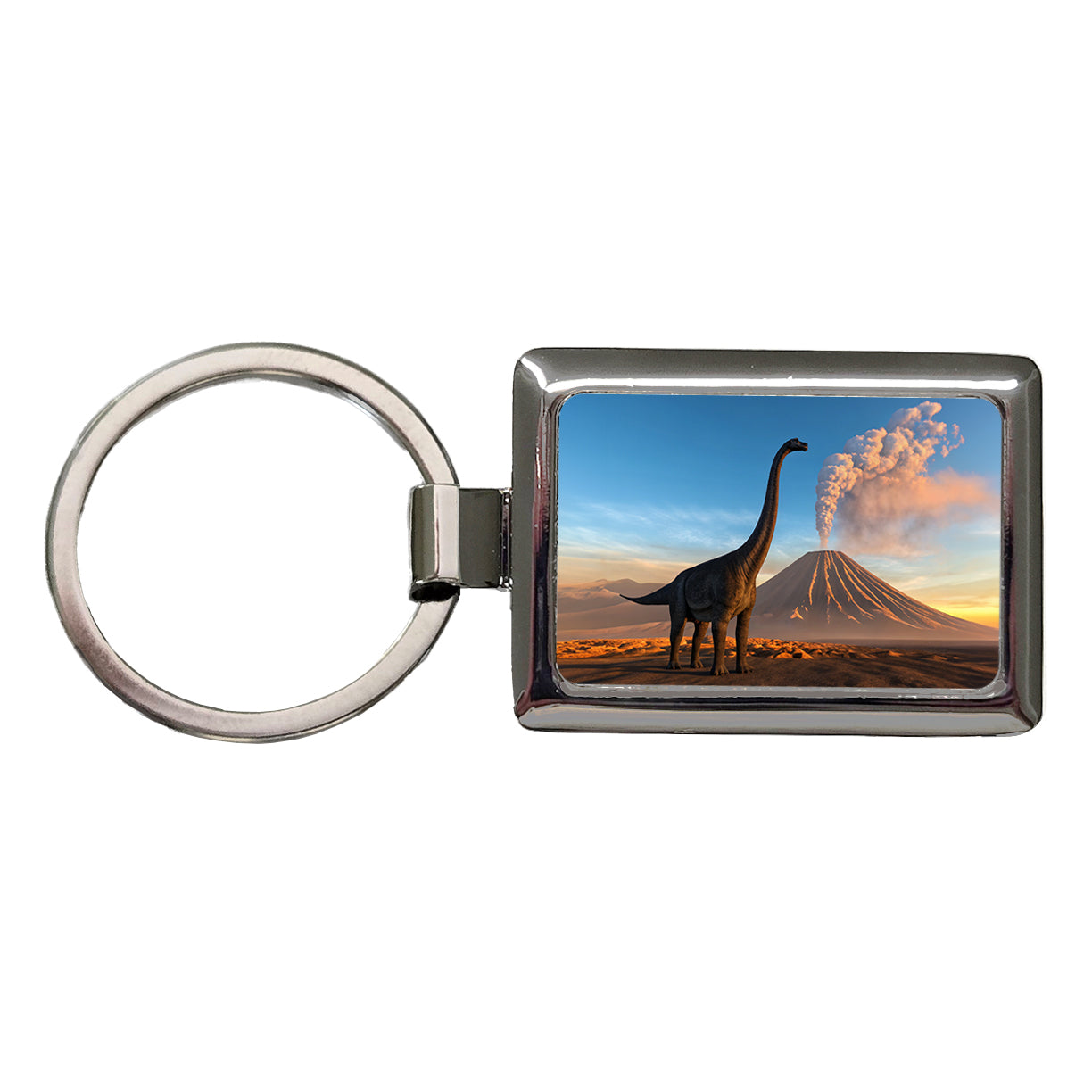 Brachiosaurus Volcano Sunset Dinosaur Rectangle Metal Keychain