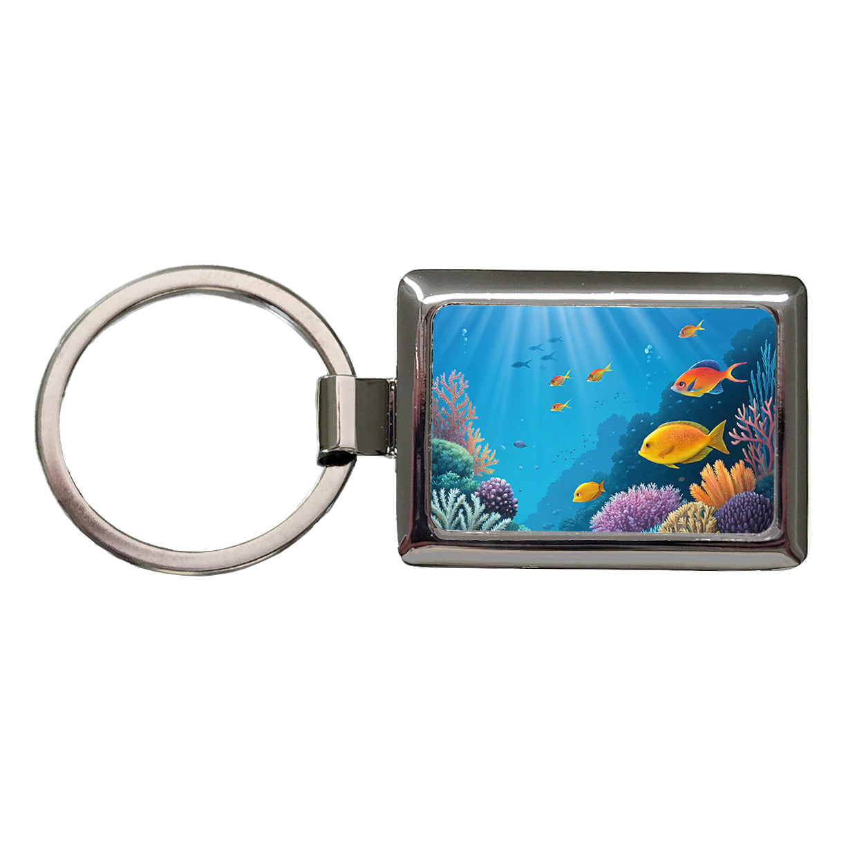 Bright Colorful Fish Coral Light Rays Tropical Ocean Rectangle Metal Keychain