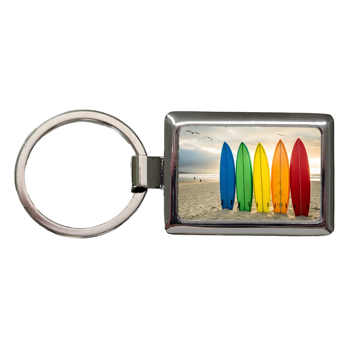 Brightly Colored Surfboards In The Sand Beach Ocean Rectangle Metal Keychain