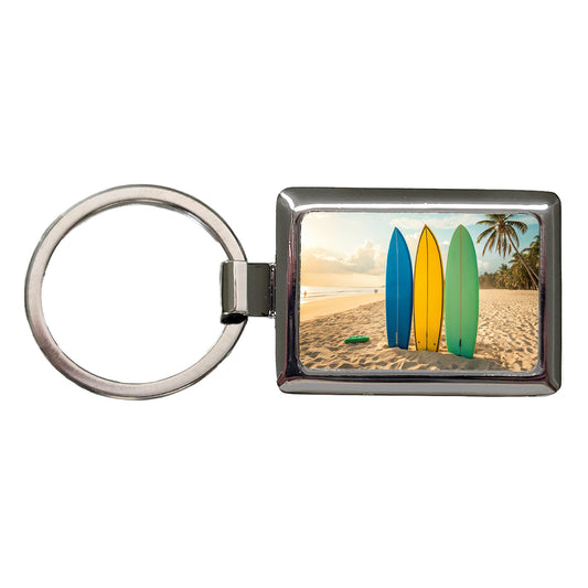 Brightly Colored Surfboards Sand Beach Ocean Rectangle Metal Keychain