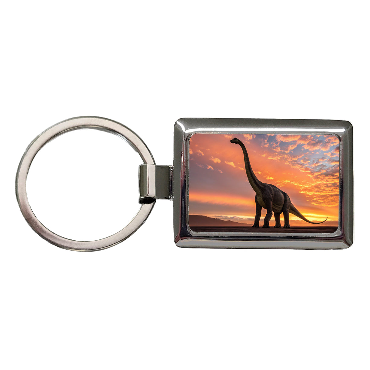 Brontosaurus Sunset Dinosaur Rectangle Metal Keychain