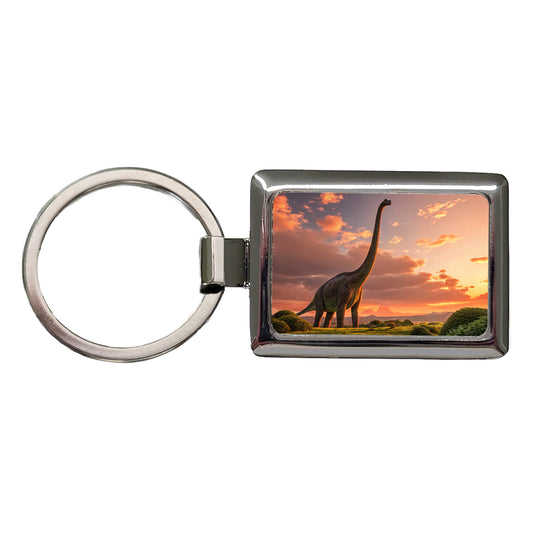 Brontosaurus Sunset Night Dinosaur Rectangle Metal Keychain