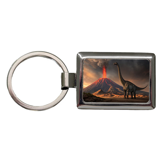 Brontosaurus Volcano Dinosaur Rectangle Metal Keychain