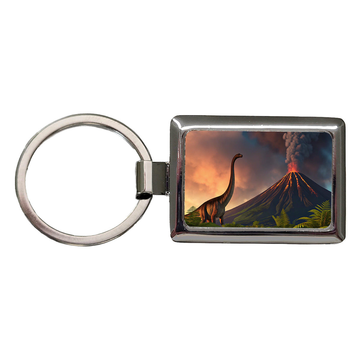 Brontosaurus Volcano Erupting Dinosaur Rectangle Metal Keychain