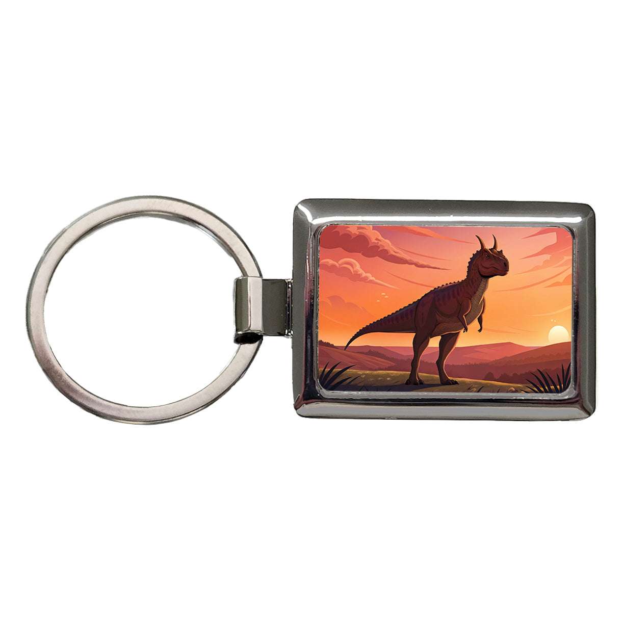 Carnotaurus Sunset Standing Dinosaur Rectangle Metal Keychain