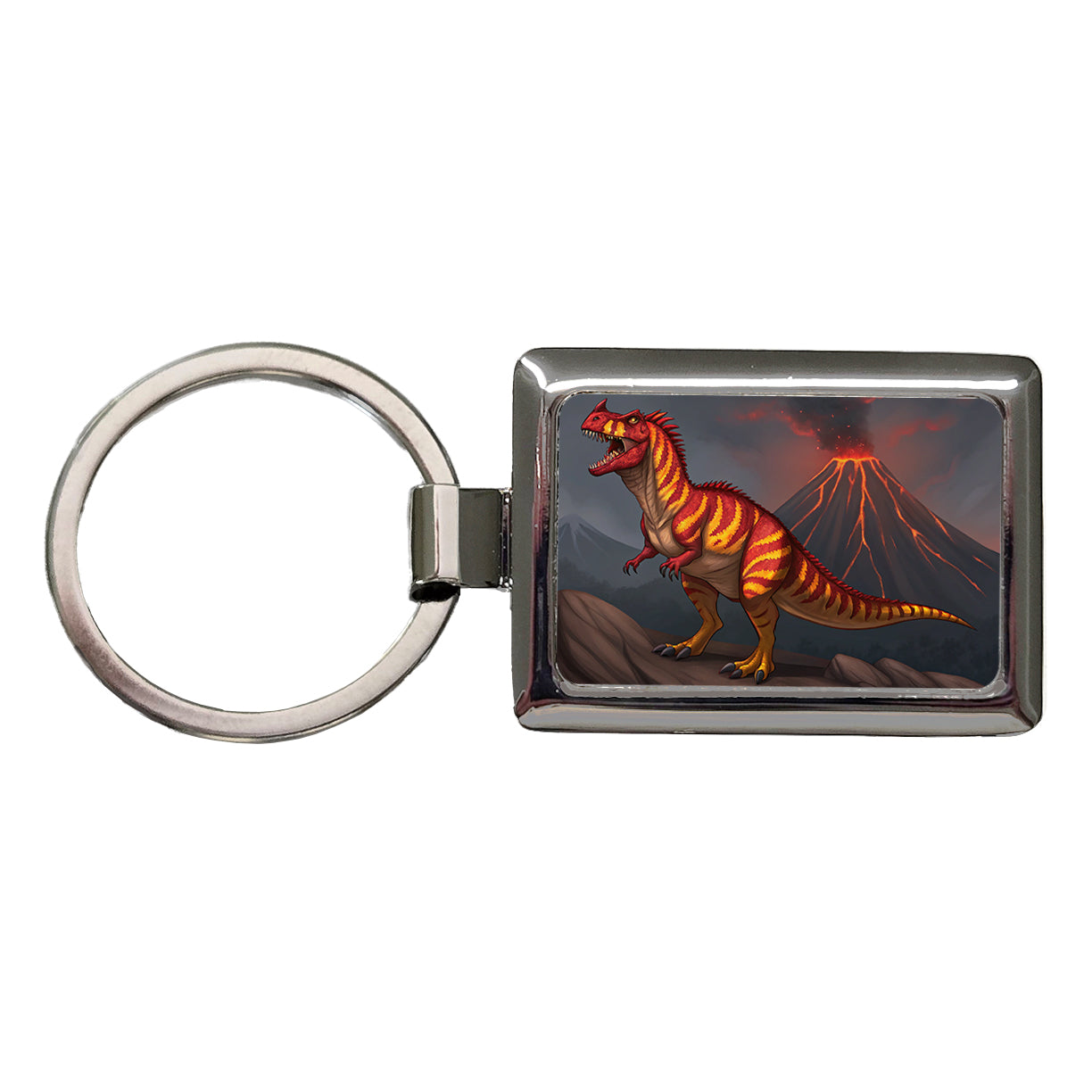 Carnotaurus Volcano Erupting Dinosaur Rectangle Metal Keychain