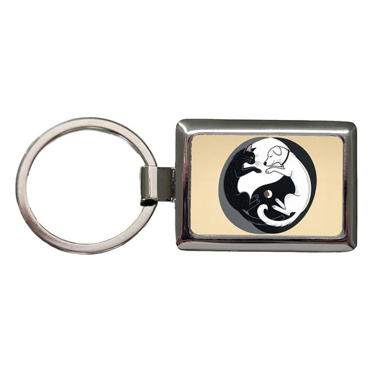 Cat Dog Black White Swirling Yin Yang Rectangle Metal Keychain