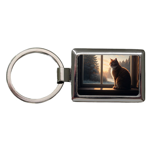 Cat In Window Pretty Rectangle Metal Keychain