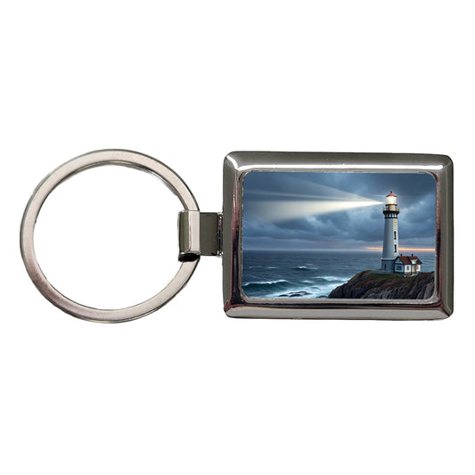 Coastal Lighthouse Rugged Rectangle Metal Keychain