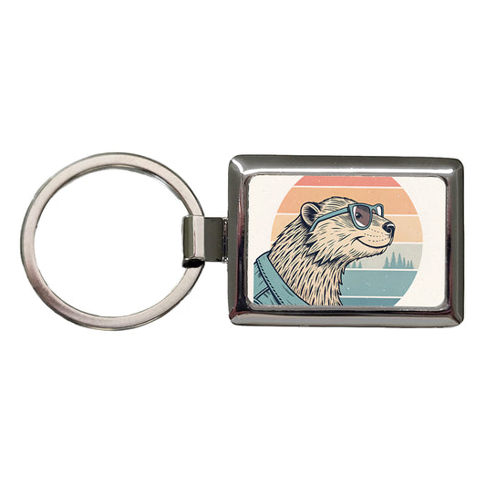 Cool Beaver Wearing Glasses Retro Illustration Rectangle Metal Keychain