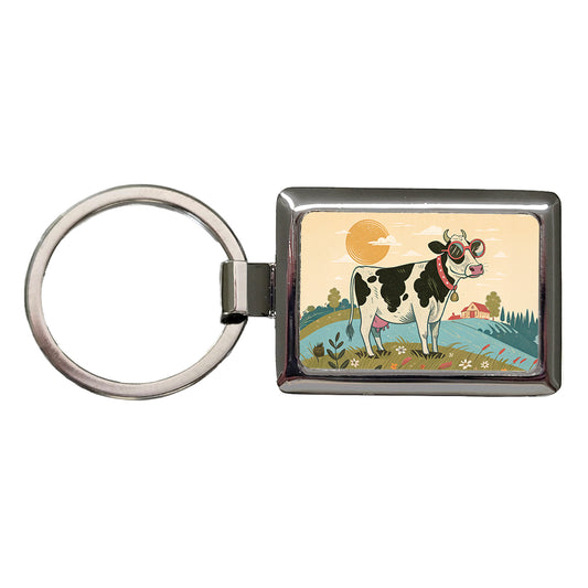Cool Cow Wearing Sunglasses Retro Illustration Rectangle Metal Keychain