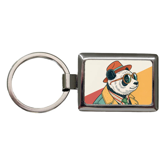 Cool Panda Wearing Glasses Retro Illustration Rectangle Metal Keychain