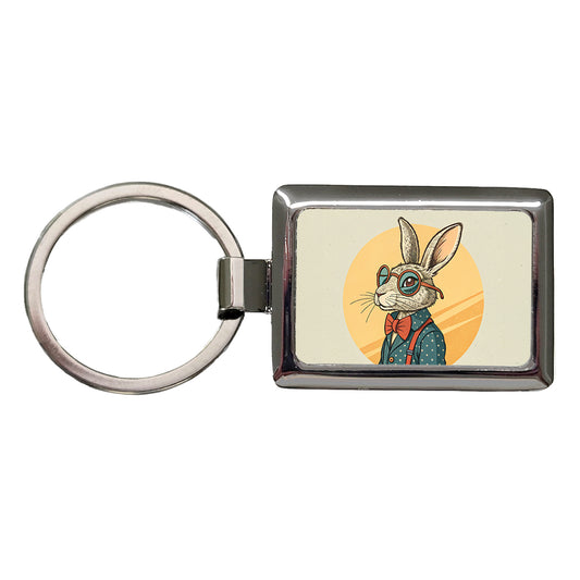 Cool Rabbit Wearing Glasses Retro Rectangle Metal Keychain
