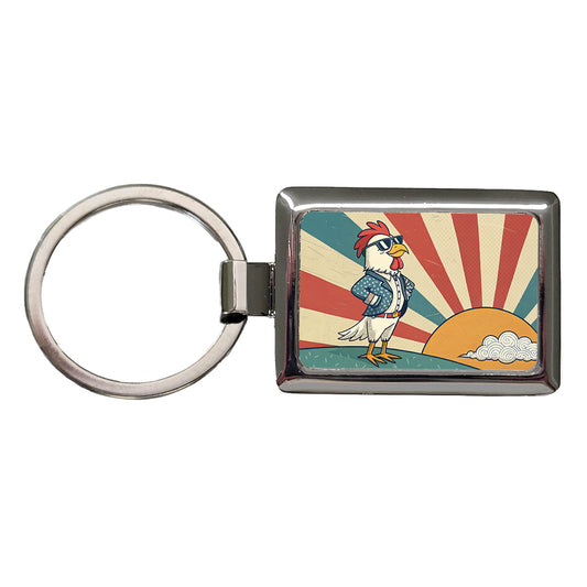 Cool Rooster Chicken Wearing Sunglasses Retro Illustration Rectangle Metal Keychain