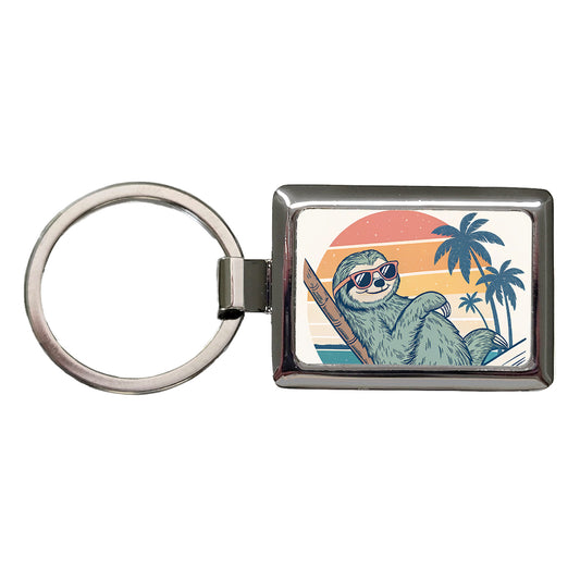 Cool Sloth Wearing Sunglasses Retro Illustration Rectangle Metal Keychain
