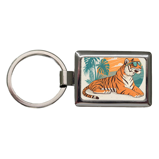 Cool Tiger Wearing Sunglasses Retro Illustration Rectangle Metal Keychain