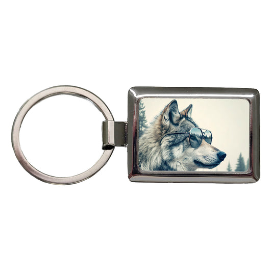 Cool Wolf Wearing Misty Woods Rectangle Metal Keychain