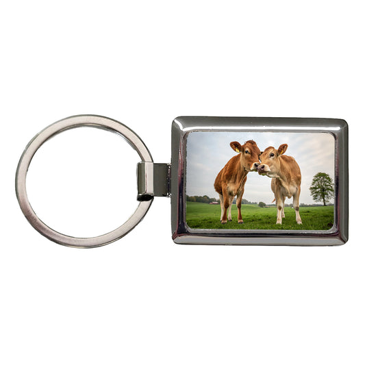 Cows Nuzzle Love Rectangle Metal Keychain