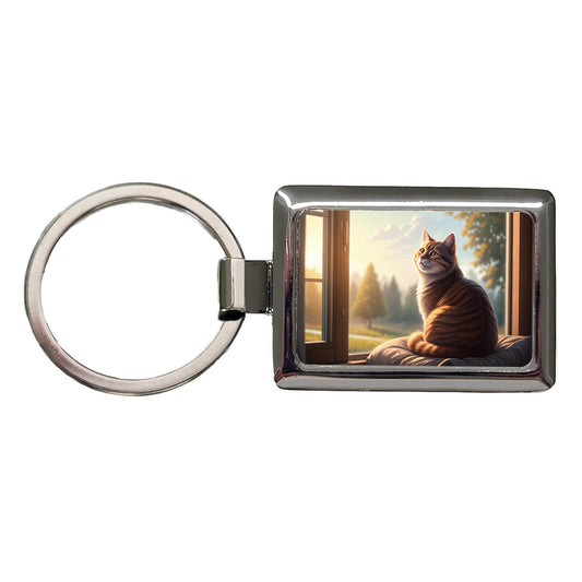 Cozy Cat In Window Rectangle Metal Keychain