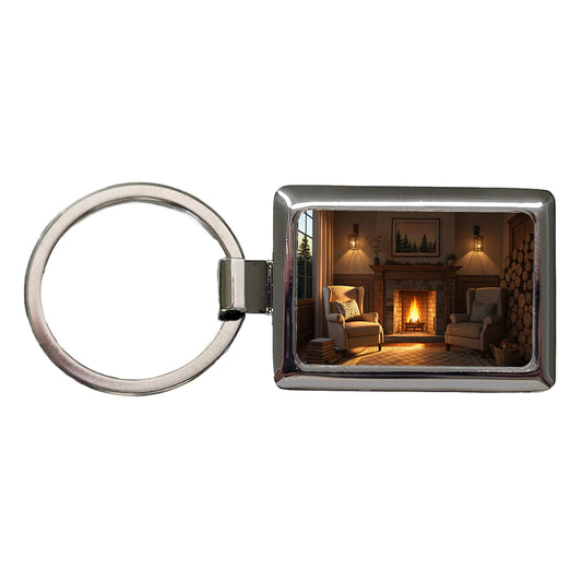 Cozy Fireplace Scene Rectangle Metal Keychain