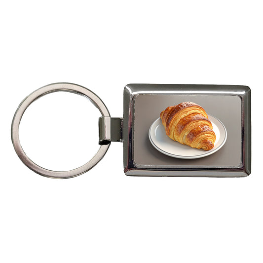 Croissant On Plate Rectangle Metal Keychain
