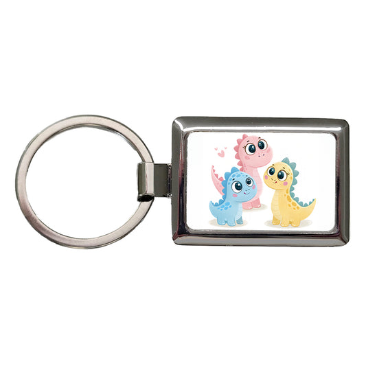 Cute Pastel Colored Cartoon Dinosaurs Big Eyes Rectangle Metal Keychain