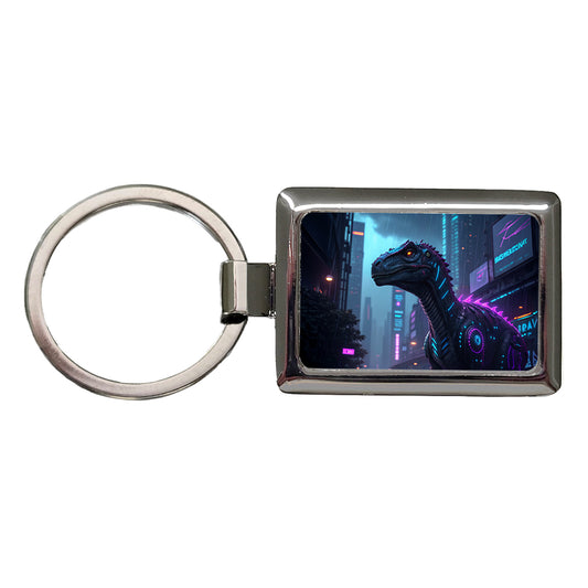 Cyberpunk Dinosaur In City Rectangle Metal Keychain