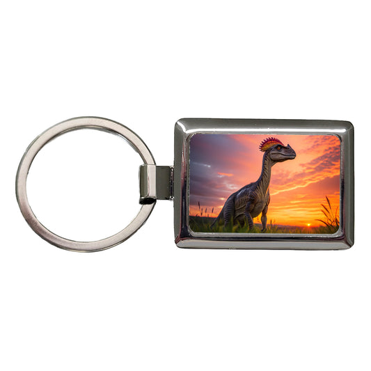 Dilophosaurus Sunset Dinosaur Rectangle Metal Keychain