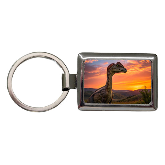 Dilophosaurus Sunset Sunrise Dinosaur Rectangle Metal Keychain
