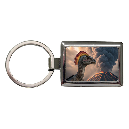 Dilophosaurus Volcano Dinosaur Rectangle Metal Keychain