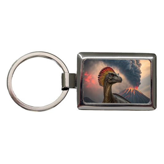 Dilophosaurus Volcano Erupting Dinosaur Rectangle Metal Keychain