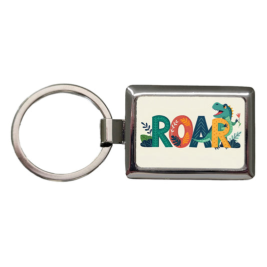 Dinosaur Roar Colorful Text Rectangle Metal Keychain