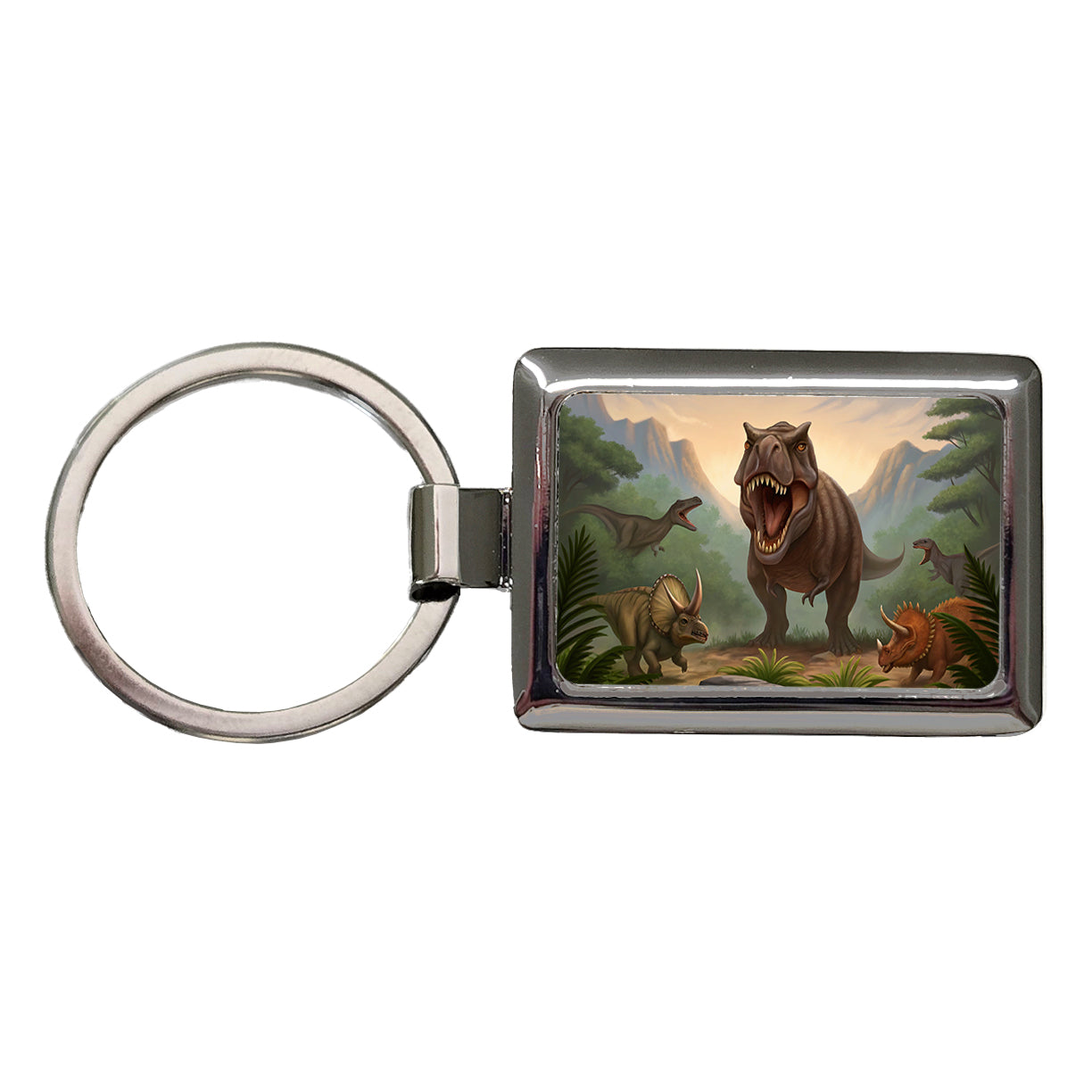 Dinosaurs Battle Rectangle Metal Keychain