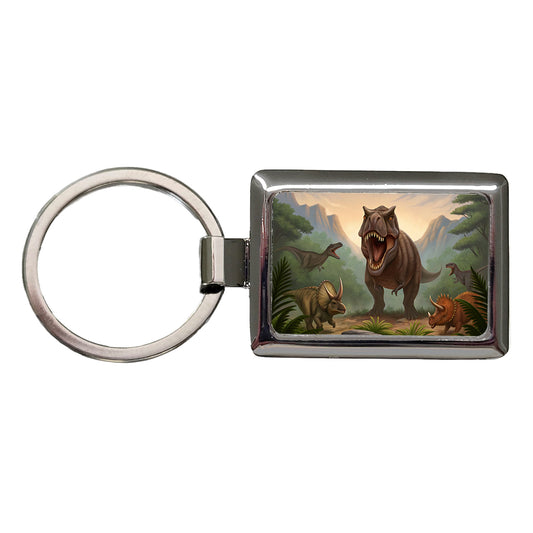 Dinosaurs Battle Rectangle Metal Keychain