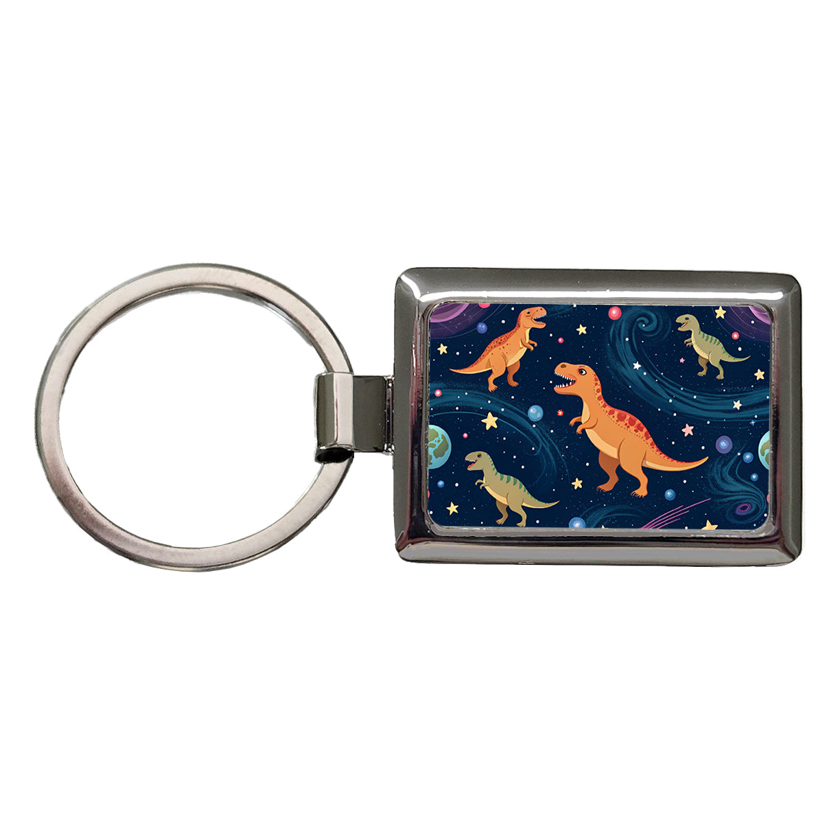 Dinosaurs Floating In Space Galaxy Planets Rectangle Metal Keychain