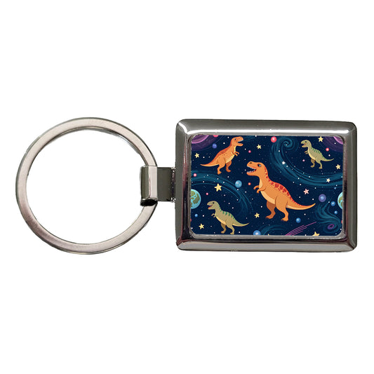 Dinosaurs Floating In Space Galaxy Planets Rectangle Metal Keychain