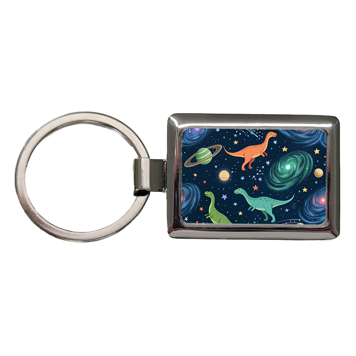 Dinosaurs Floating In Space Galaxy Rectangle Metal Keychain