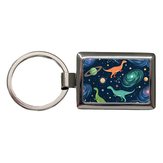 Dinosaurs Floating In Space Galaxy Rectangle Metal Keychain