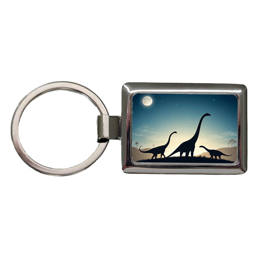 Diplodocus Silhouettes Night Dinosaurs Rectangle Metal Keychain