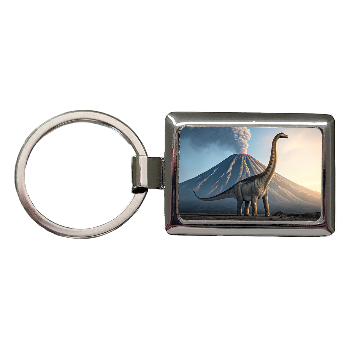 Diplodocus Volcano Dinosaur Rectangle Metal Keychain