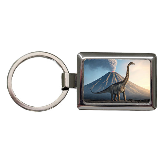 Diplodocus Volcano Dinosaur Rectangle Metal Keychain