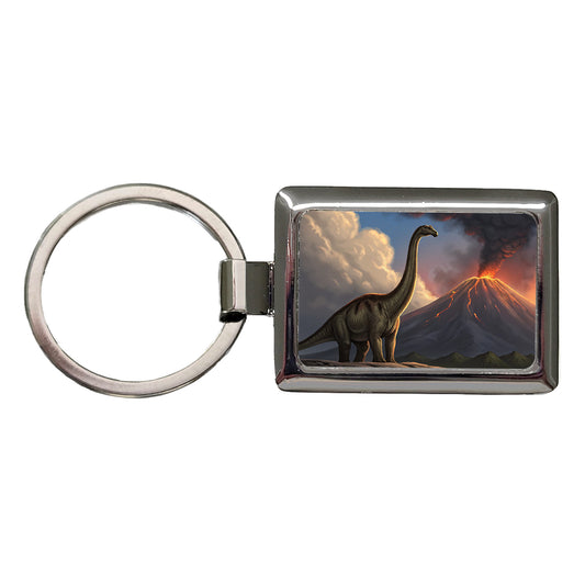 Diplodocus Volcano Erupting Dinosaur Rectangle Metal Keychain