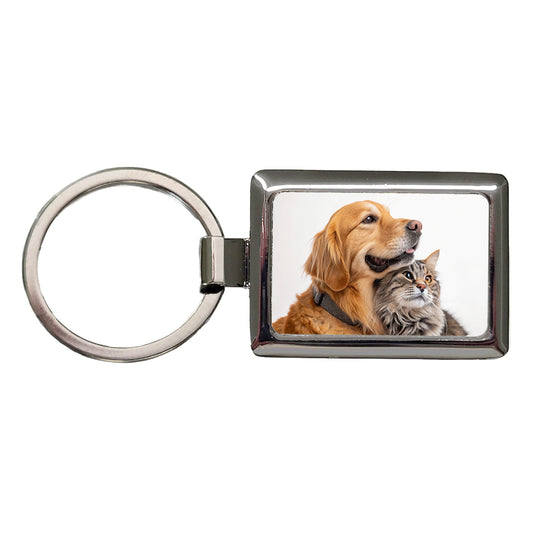 Dog Cat Hugging Love Rectangle Metal Keychain