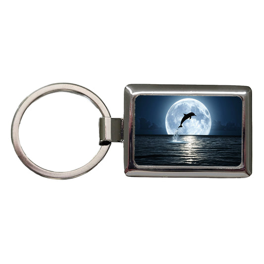 Dolphin Leaping Over Ocean Glowing Moon Rectangle Metal Keychain