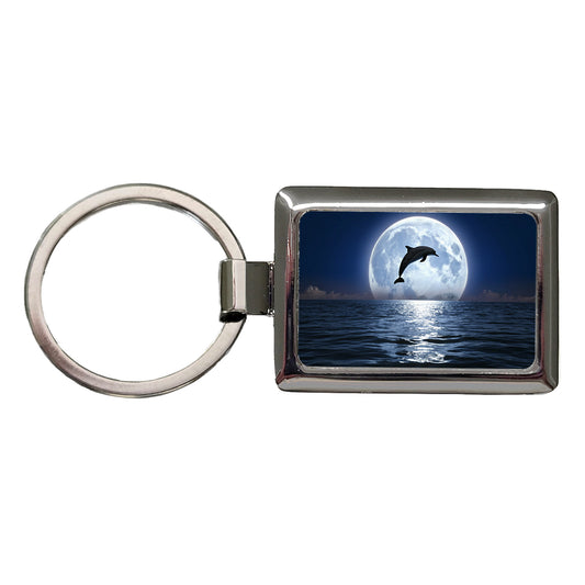 Dolphin Leaping Over Ocean Sea Full Moon Rectangle Metal Keychain
