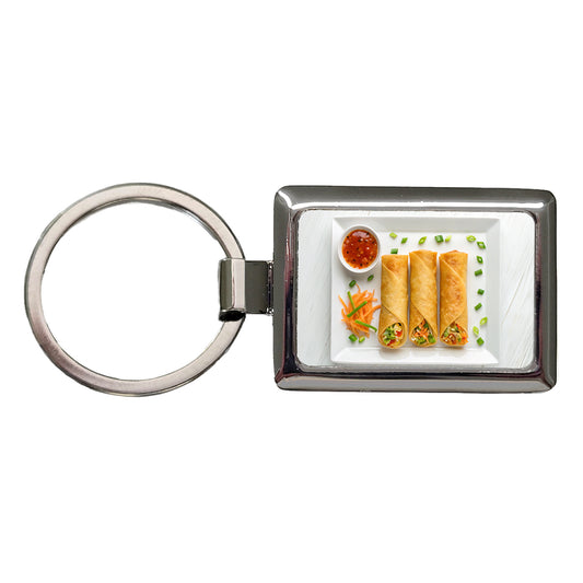 Egg Spring Rolls On Plate Rectangle Metal Keychain