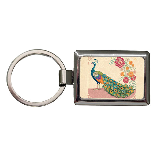 Elegant Peacock Flowers Rectangle Metal Keychain