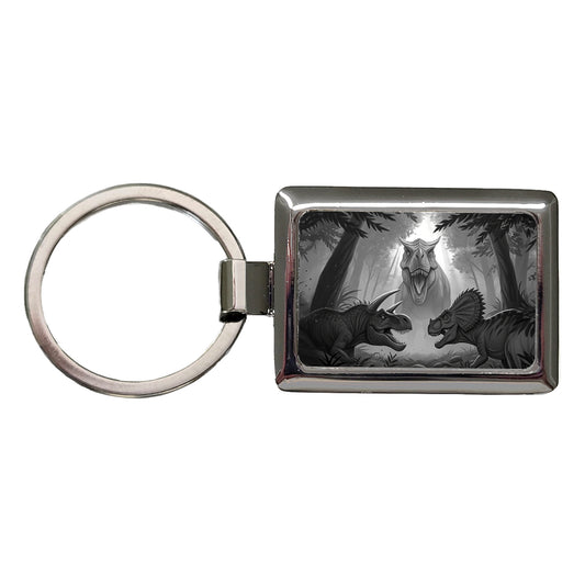 Epic Showdown T-Rex Triceratops Velociraptor Dinosaurs Rectangle Metal Keychain